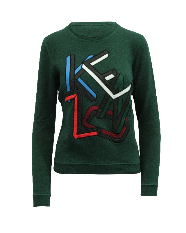Kenzo Embroidered Logo Sweatshirt in Green Cotton Hoodie with Hidden Zipper Minimalist Clean