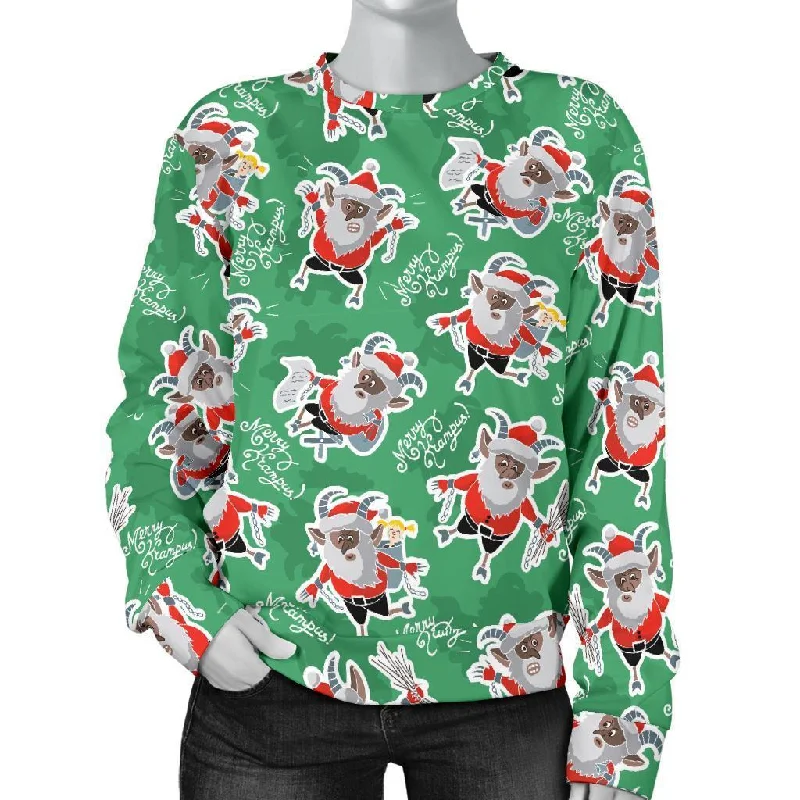 Krampus Print Pattern Women's Sweatshirt Hoodie with Hem Frayed Vintage Worn