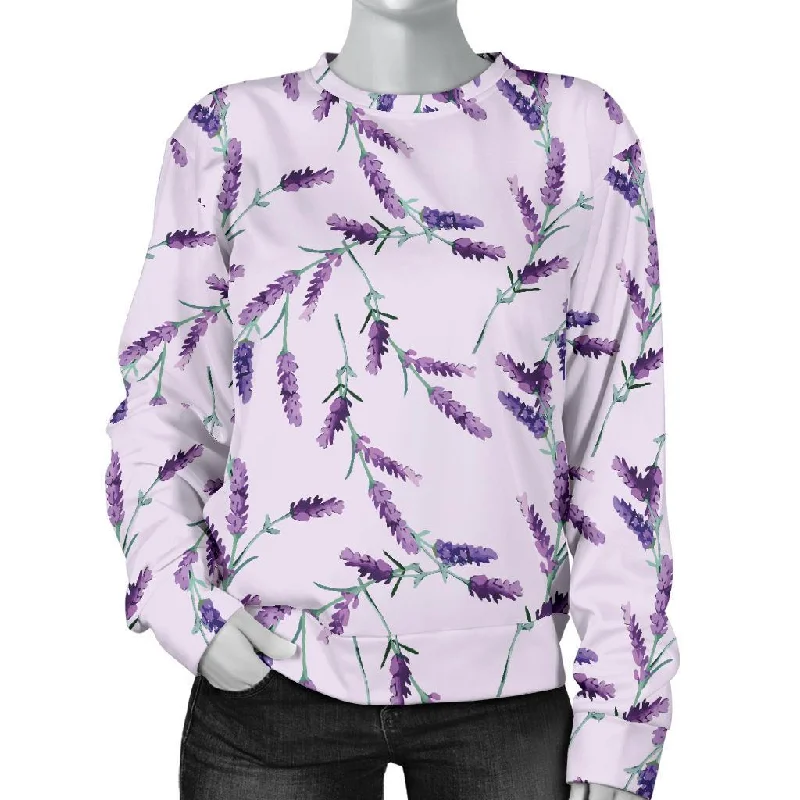 Lavender Floral Pattern Print Women's Sweatshirt Hoodie with Tied Waist Feminine Flattering