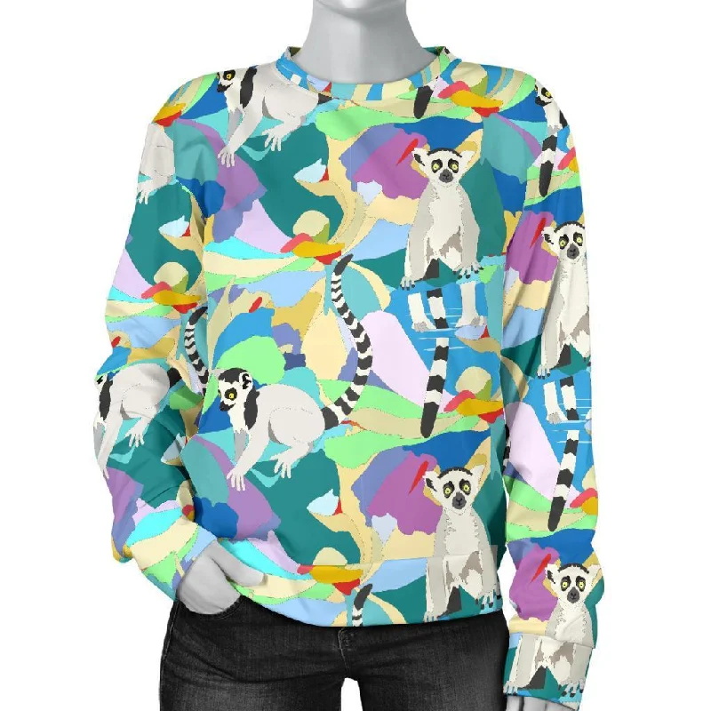 Lemur Colorful Pattern Print Women's Sweatshirt Hoodie with Exposed Zipper Edgy Industrial