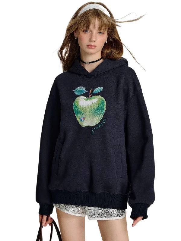 Light Gray & Navy Blue Green Apple Print  Hoodie Hoodie with Sequins Glamorous Eye-catching