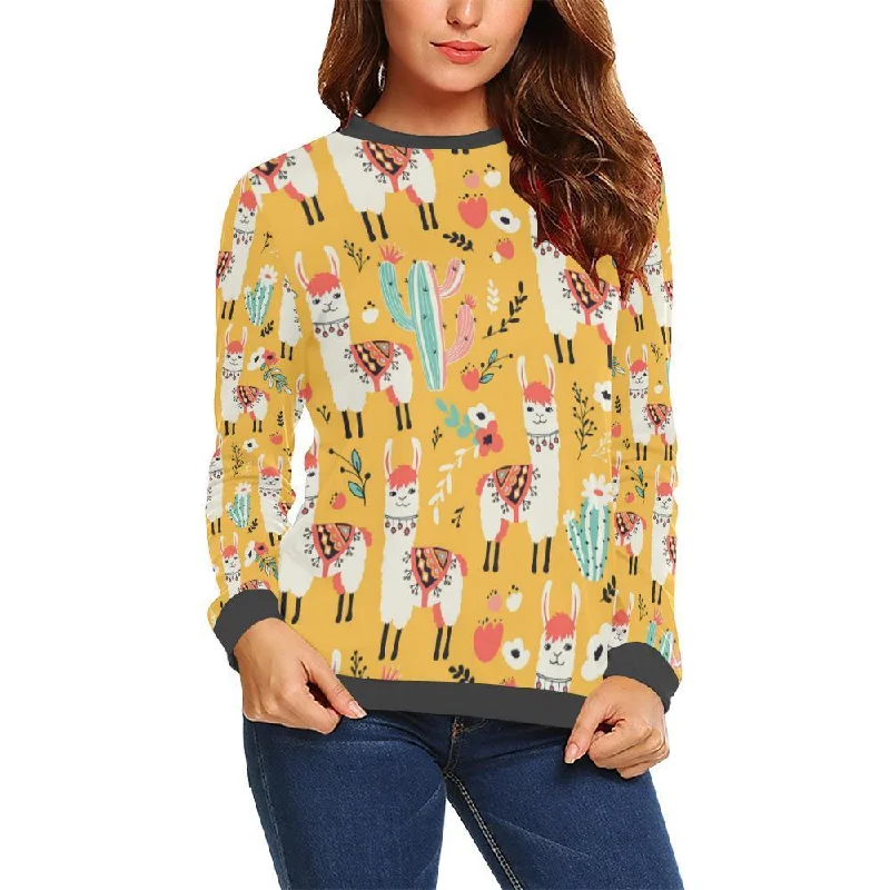 Llama Cactus Pattern Print Women's Sweatshirt Hoodie with Hem Ribbing Snug Secure