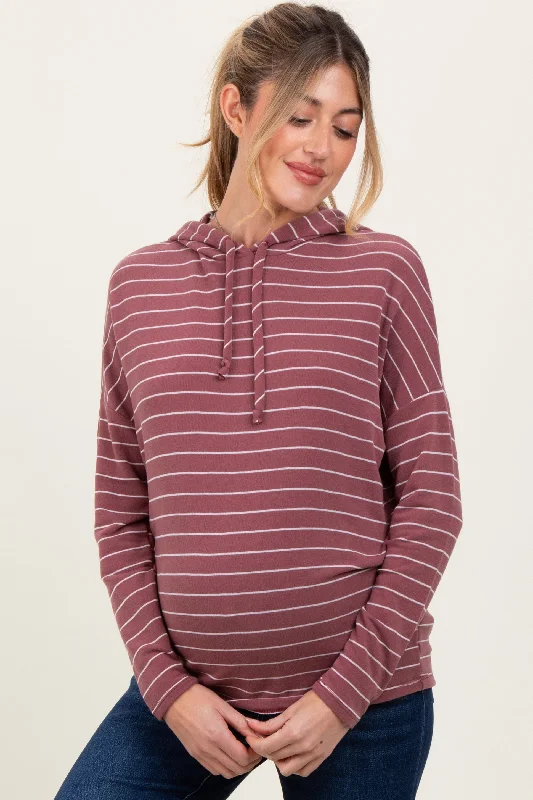 Mauve Striped Drawstring Hoodie Maternity Top Hoodie with Hem Patch Decorative Personalized