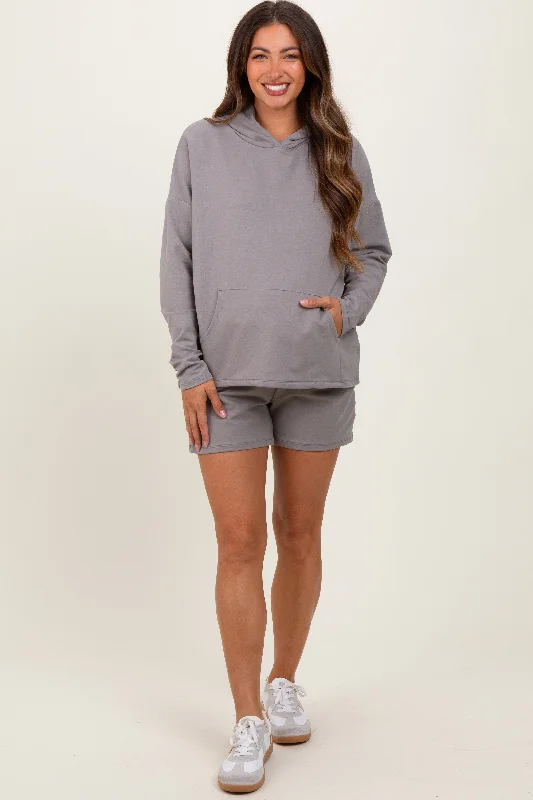 Mocha Hoodie Shorts Maternity Set Hoodie with Puffed Sleeves Voluminous Trendy