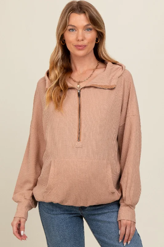 Mocha Waffle Knit Half Zip Relaxed Fit Maternity Hoodie Hoodie with Slit Hem Functional Movement