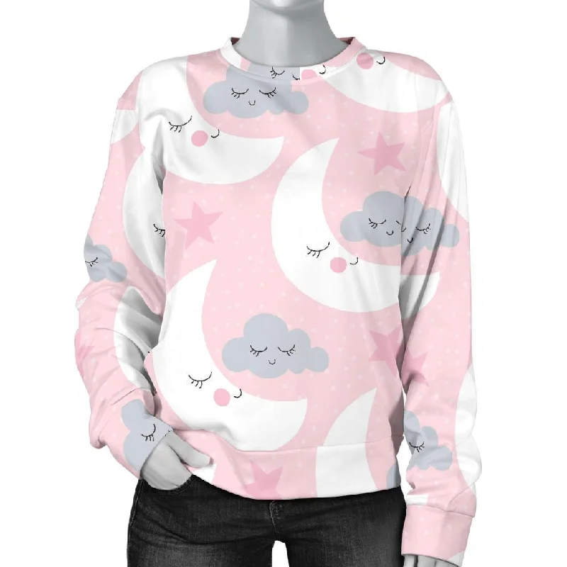 Moon Pattern Print Women's Sweatshirt Hoodie with Fur Luxurious Winter