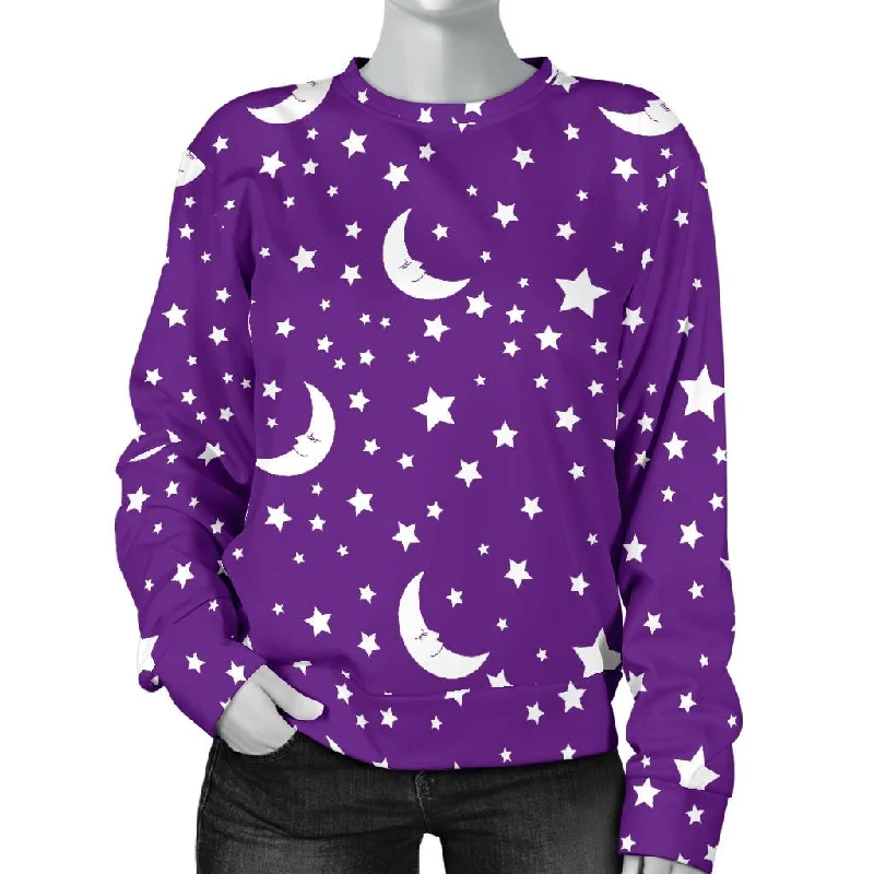 Moon Purple Pattern Print Women's Sweatshirt Hoodie with Hem Drawcord Adjustable Customizable