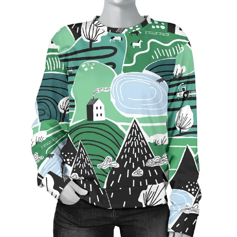 Mountain Cartoon Pattern Print Women's Sweatshirt Hoodie with Metallic Shiny Futuristic