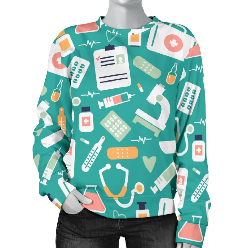 Nurse Pattern Print Women's Sweatshirt Hoodie with Hem Raw Edge Edgy Unfinished