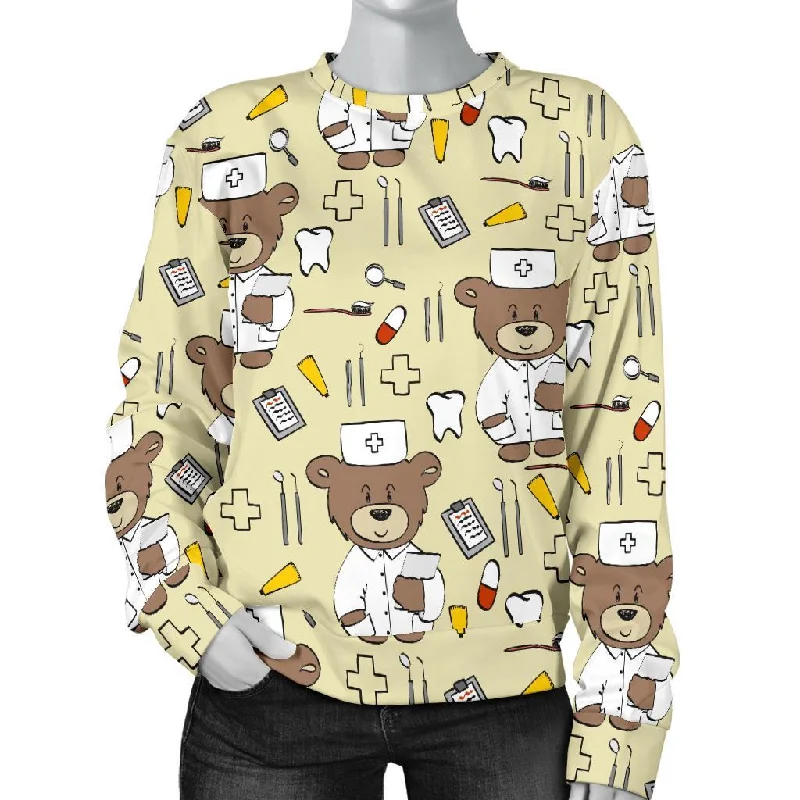 Nurse Teddy Bear Pattern Print Women's Sweatshirt Hoodie with Toggle Buttons Decorative Unique