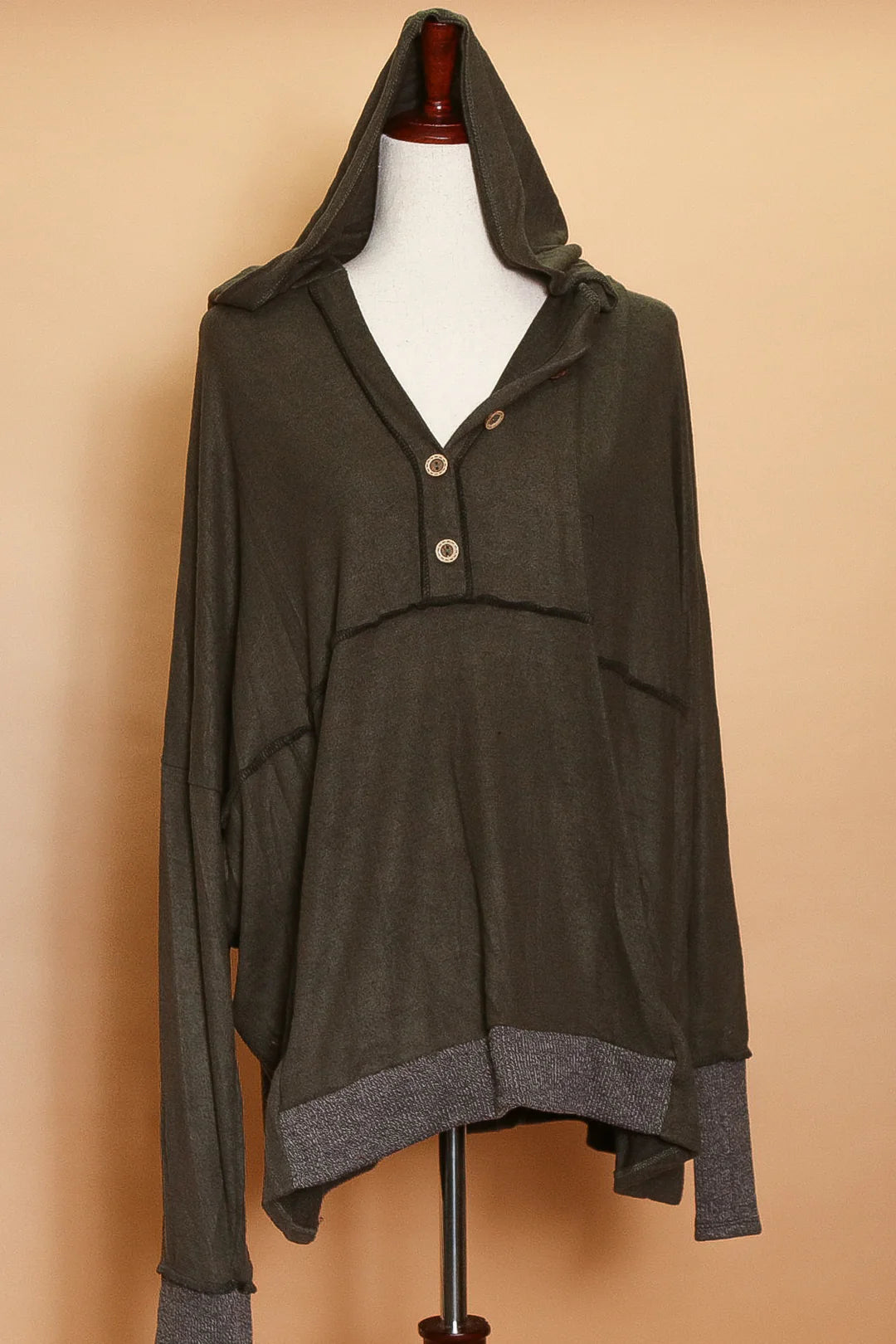 Olive Henley Button Hoodie Hoodie with Tied Waist Feminine Flattering