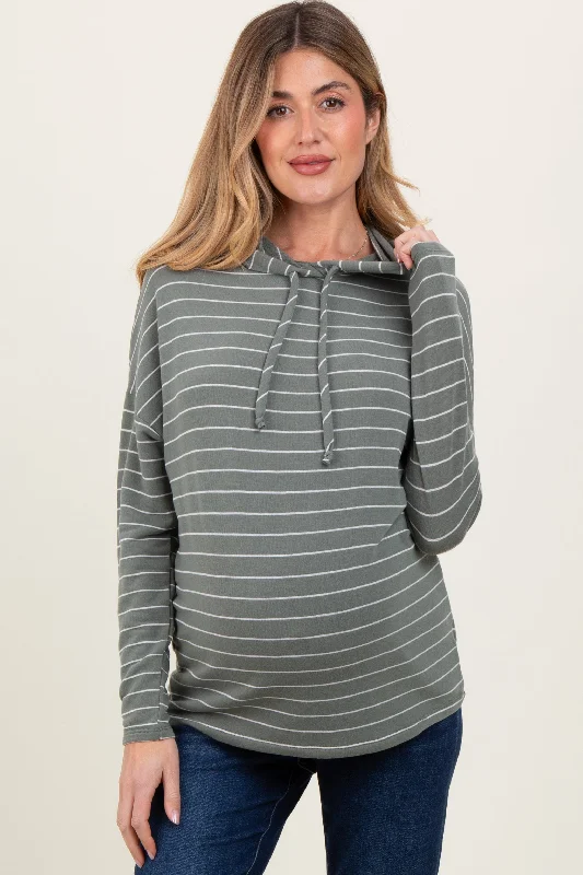 Olive Striped Drawstring Hoodie Maternity Top Hoodie with Lining Warm Insulated