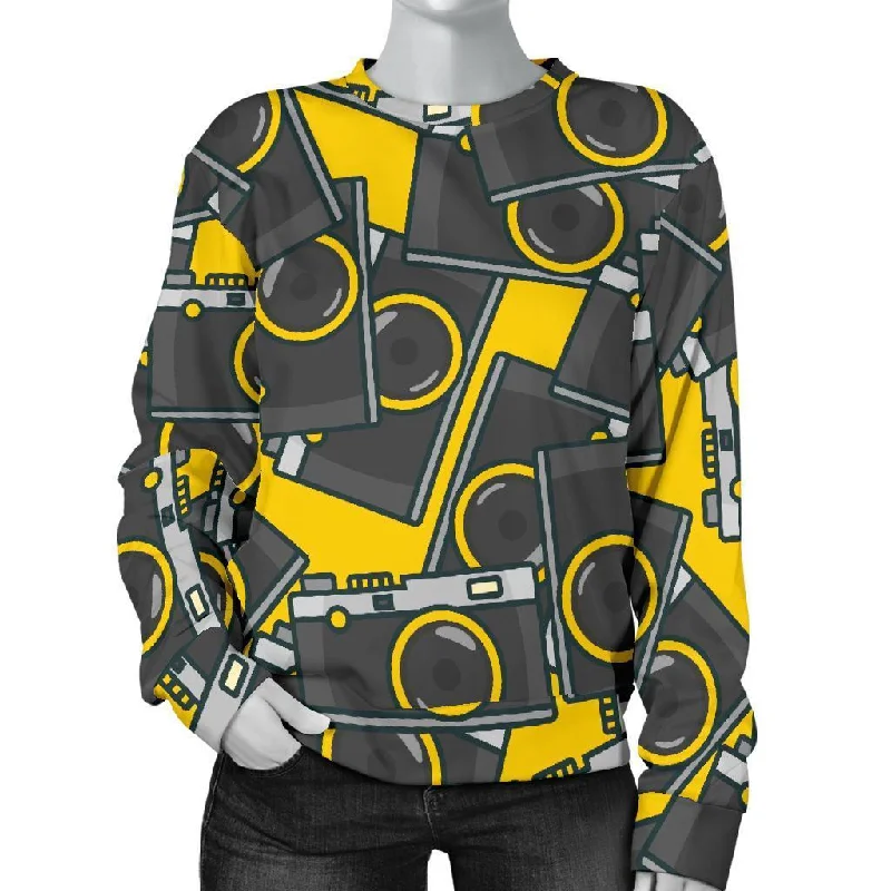 Pattern Print Camera Women's Sweatshirt Hoodie with Frayed Bohemian Relaxed