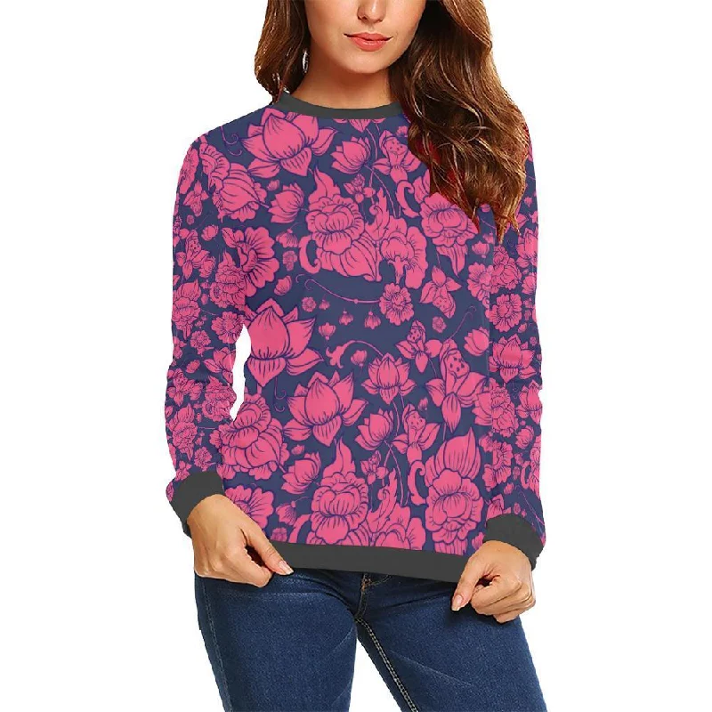 Pattern Print Lotus Women's Sweatshirt Hoodie with Ribbed Hem Stretchable Secure