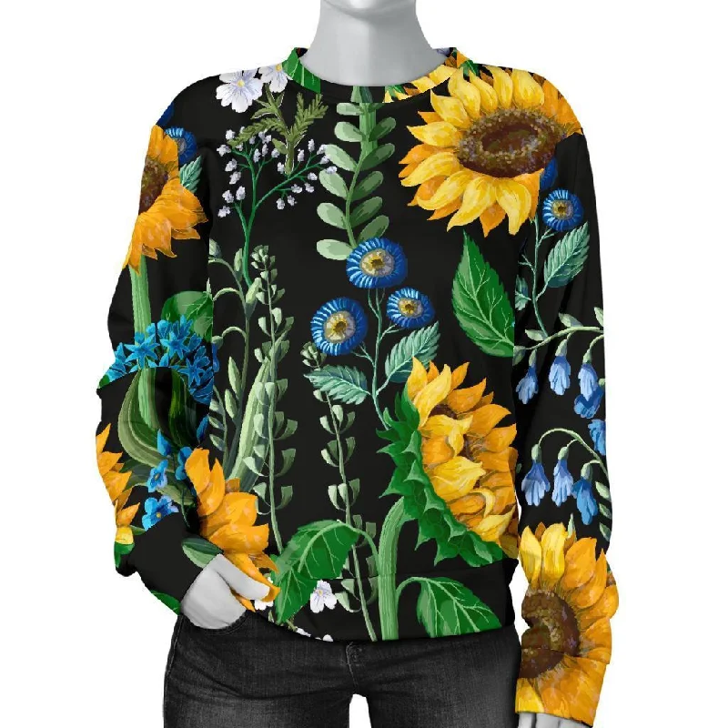 Pattern Print Sunflower Cartoon Women's Sweatshirt Hoodie with Rolled Sleeves Casual Relaxed