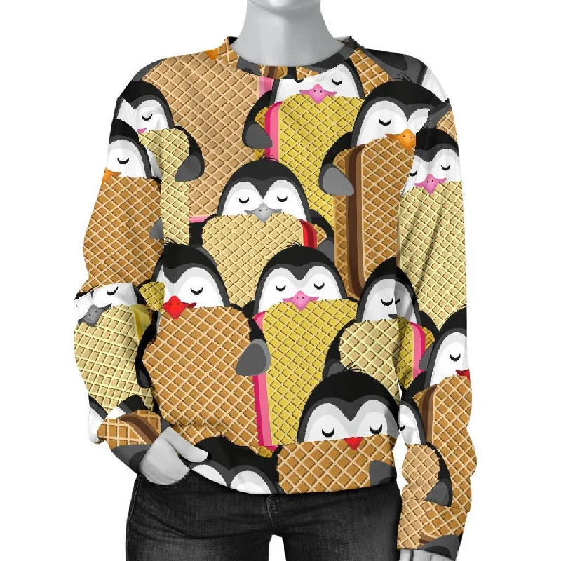 Penguin Waffle Pattern Print Women's Sweatshirt Cotton Hoodie Fleece Lining Warmth