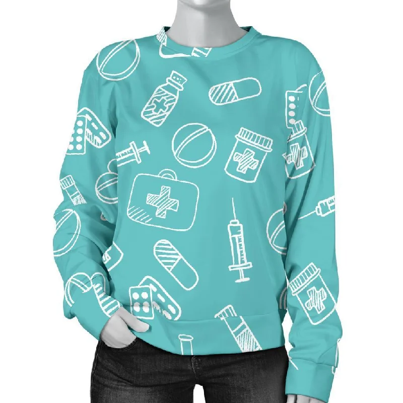 Pharmacy Pastel Pattern Print Women's Sweatshirt Hoodie with Hem Frayed Vintage Worn