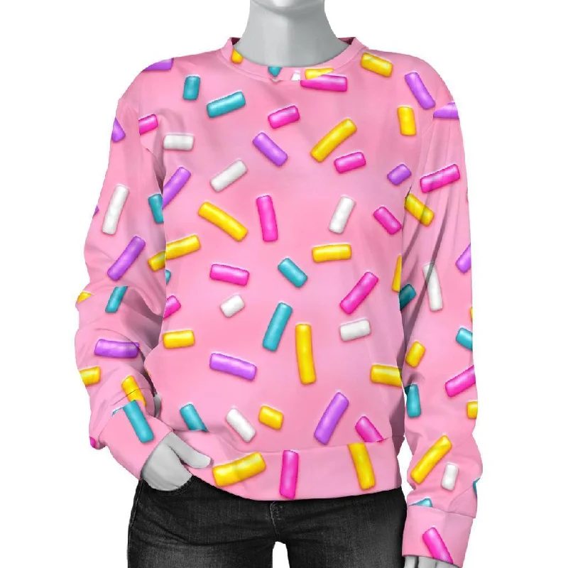 Pink Candy Pattern Print Women's Sweatshirt Hoodie with Side Slits Relaxed Casual