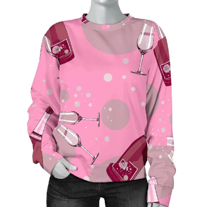 Pink Champagne Pattern Print Women's Sweatshirt Hoodie with Drawstring Waist Adjustable Fitted