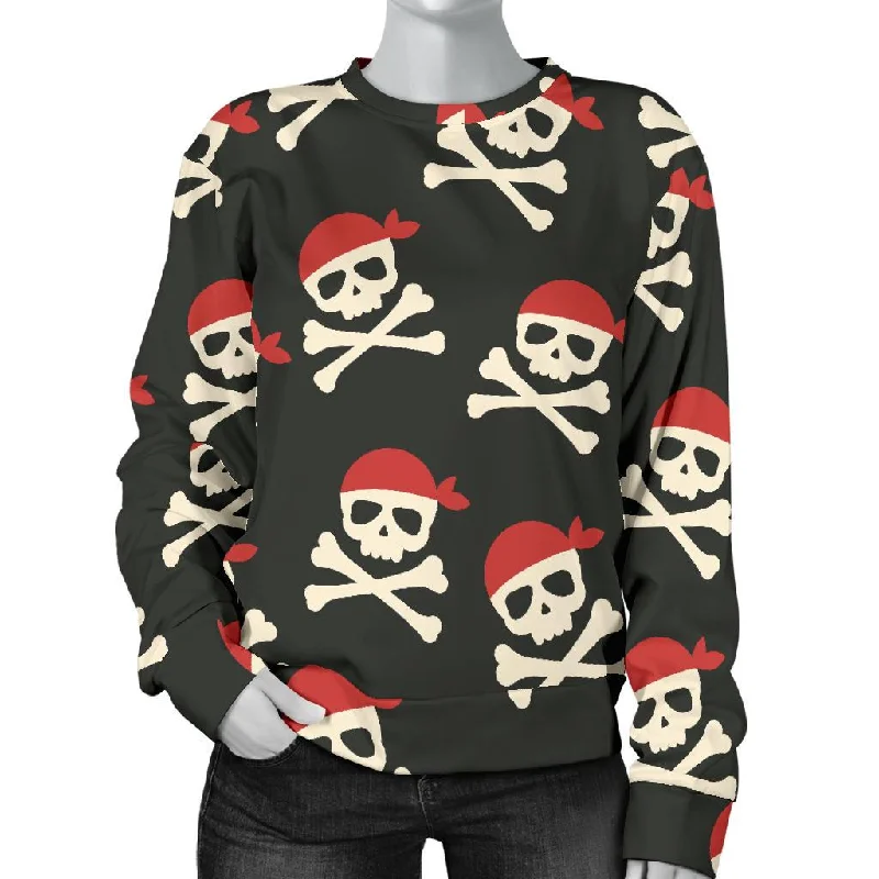 Pirate Skull Print Pattern Women's Sweatshirt Hoodie with Distressed Vintage Worn