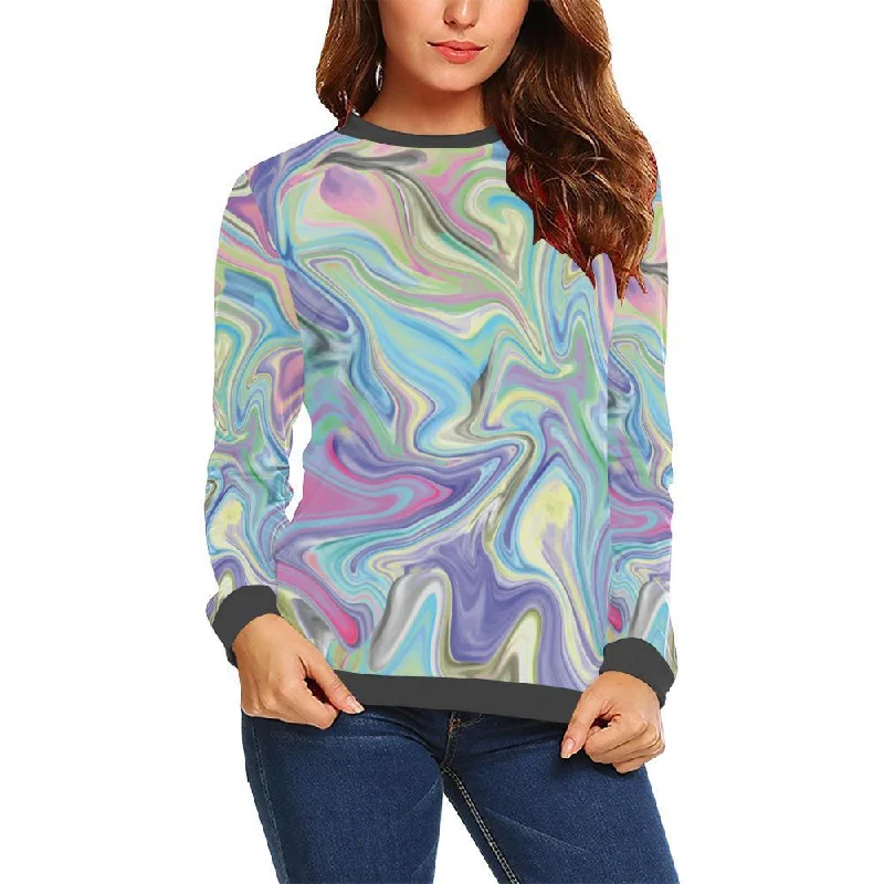Rainbow Marble Pattern Print Women's Sweatshirt Cotton Hoodie Fleece Lining Warmth