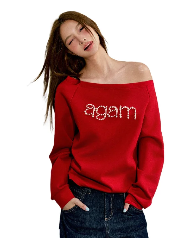 Red & Gray Pearl-studded Off-shoulder Sweatshirt Hoodie with Rhinestones Sparkly Elegant