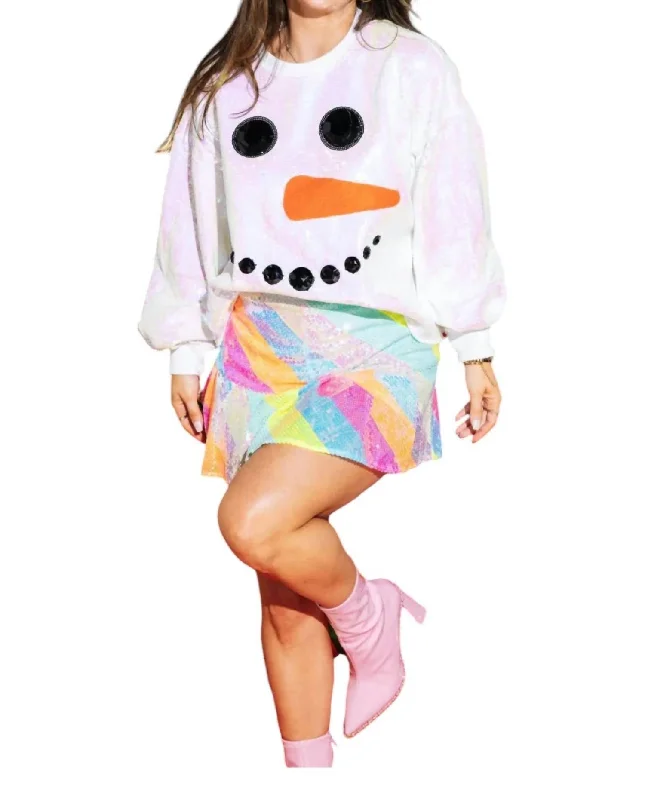 Sequin Snowman Sweatshirt In White Hoodie with Distressed Vintage Worn