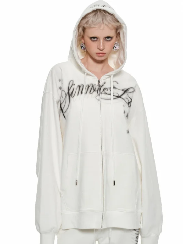 Spray-painted Letter Print Loose Zip-up Hoodie Hoodie Dress Longline Feminine