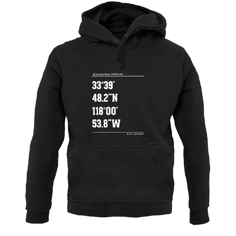 Surfing Coordinates Huntington Beach Unisex Hoodie Hoodie with Drop Shoulder Relaxed Streetwear