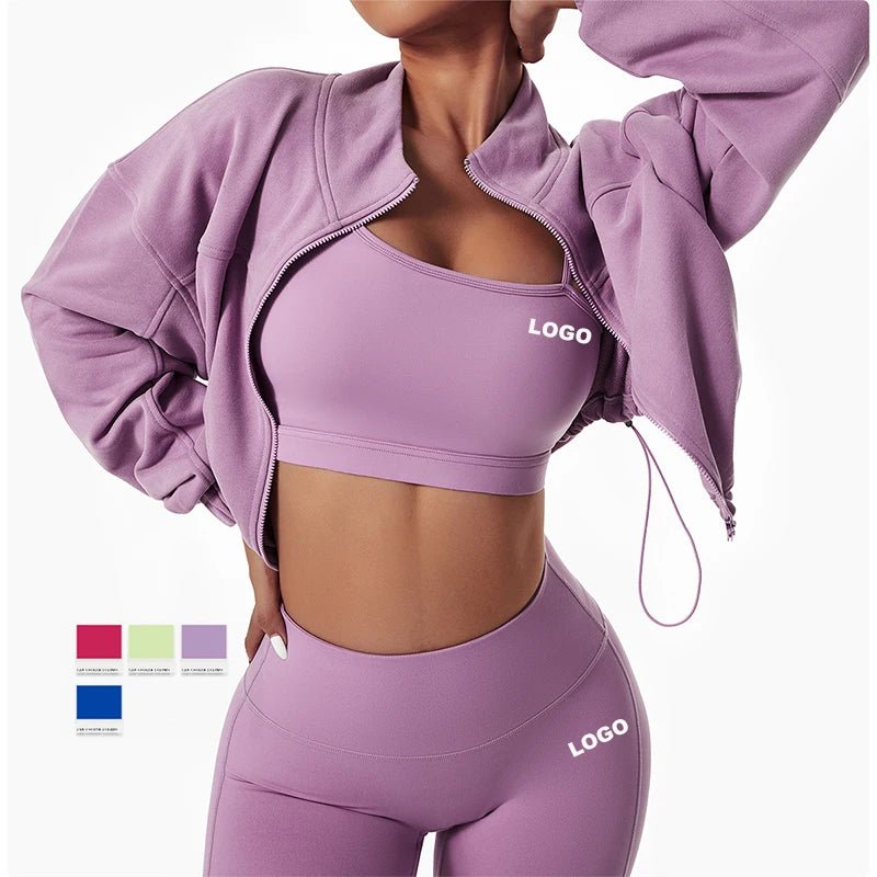 New Fitness Gym Sets 4-Piece Long Sleeve Hoodie Tracksuit Bra Leggings Workout Apparel Yoga Set for Women Hoodie with Side Slits Relaxed Casual