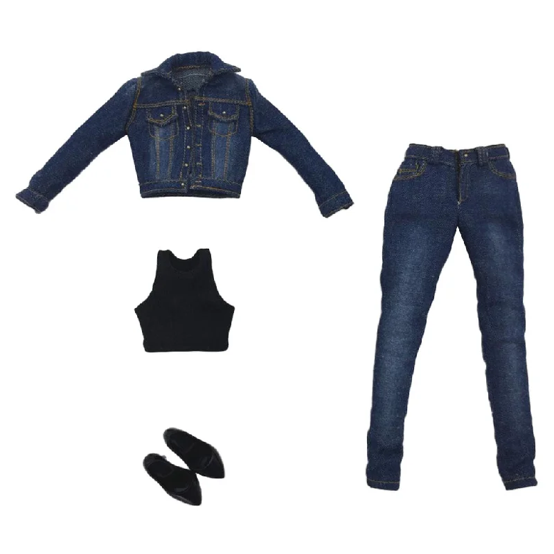 Maxbell 1/6 Scale Denim Jacket Jeans Vest High Heel Shoes Set for 12" Action Figures Fashionable Distressed Jeans