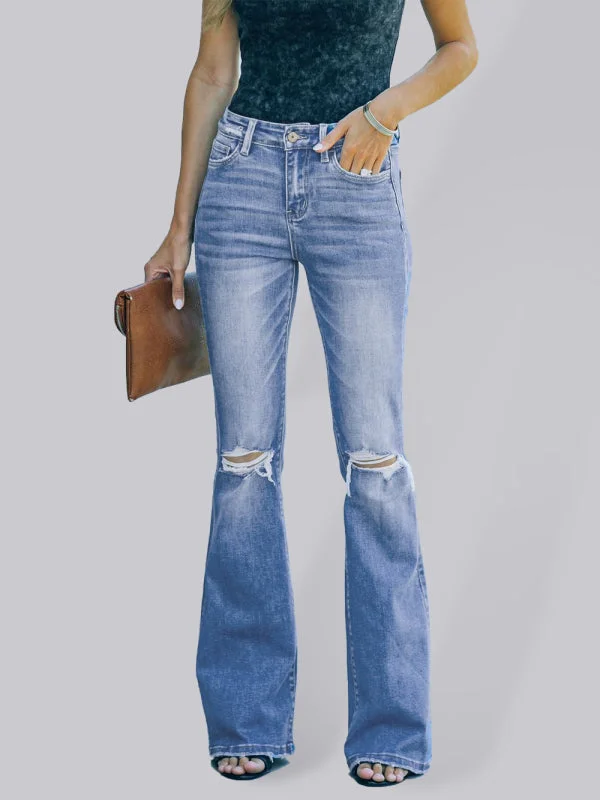 Ladies Bootcut Jeans High Waist Slim Fit Distressed Jeans Fashionable Raw Hemmed Jeans