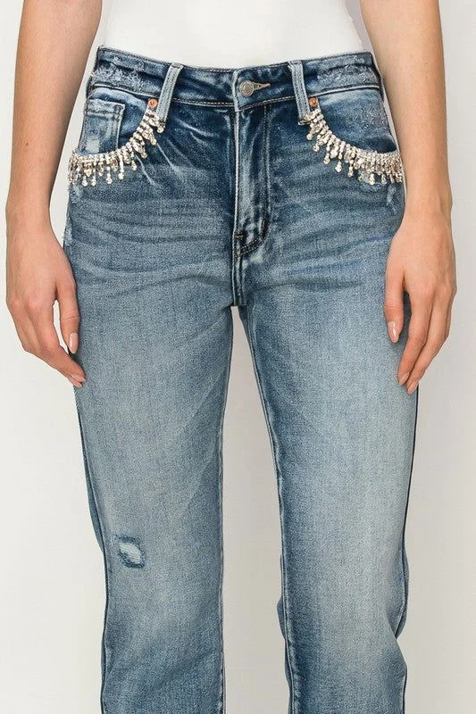 Artemis Vintage High Rise Crystal Embellished Crop Straight Jeans Stylish Bootcut Denim Jeans