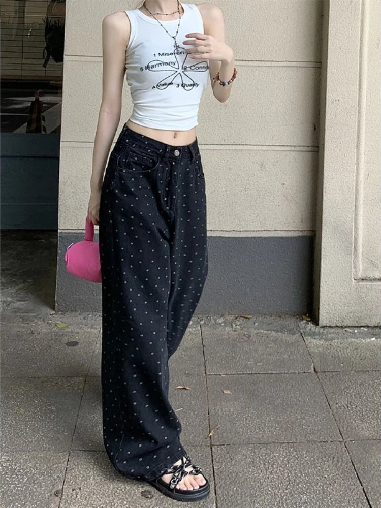 Black Polka Dot Straight Jeans Women High-waisted Loose Wide Leg Pants Trendy Low-Rise Slim Jeans