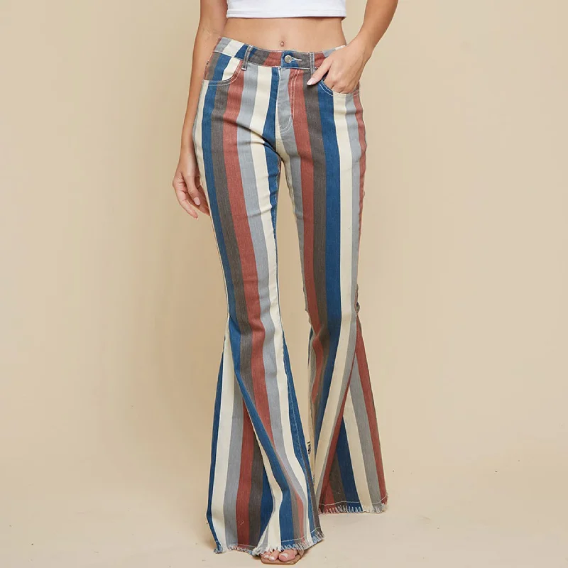 Blue Multi Striped Flare Jeans Comfortable Boyfriend Jeans