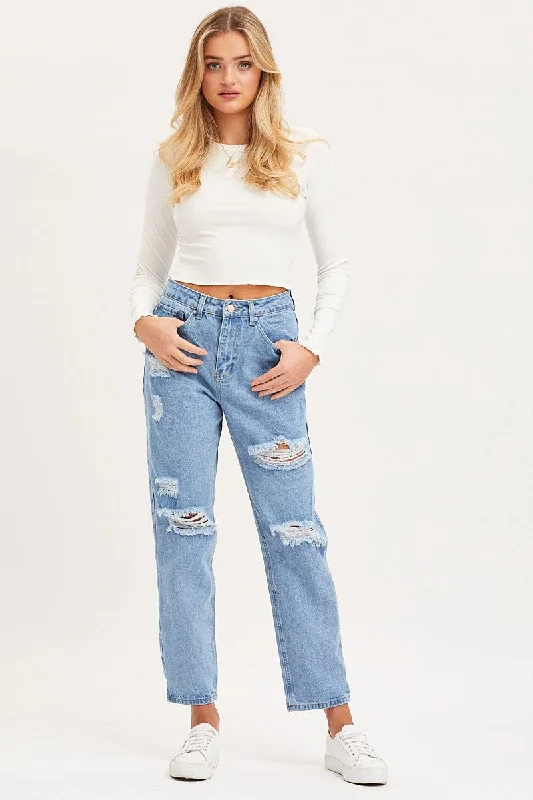 Blue Boyfriend Denim Jeans Mid Rise Elegant Skinny Leg Jeans