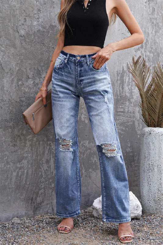 Blue High Waist Distressed Ripped Hole Flare Jeans Fashionable Slim Fit Jeans