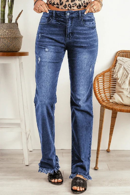 Blue Raw Hem Straight Leg Jeans Trendy Vintage Denim Jeans