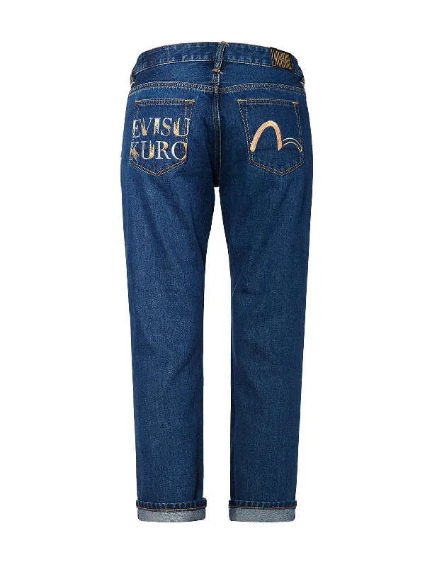 Boyfriend-fit Denim Jeans with Duo Iridescent Stitching Logo Embroidery Classic Slim Fit Jeans