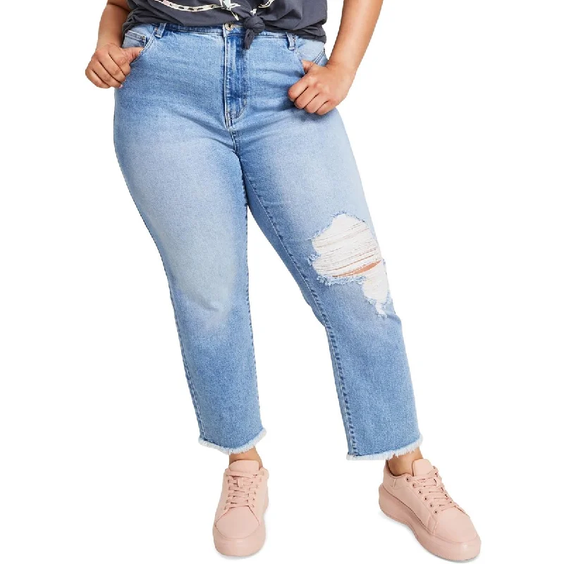 Celebrity Pink Womens High Rise Frayed Hem Straight Leg Jeans Trendy Button-Up High-Waist Jeans