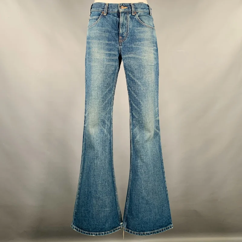 CELINE Size 26 Blue Cotton Distressed Boot Cut Jeans Cozy Wide-Legged Jeans