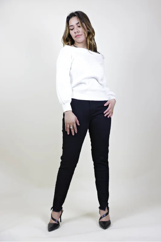 Petite High Rise Skinny Jeans with Frayed Hem (Black) Elegant Raw Hem Jeans