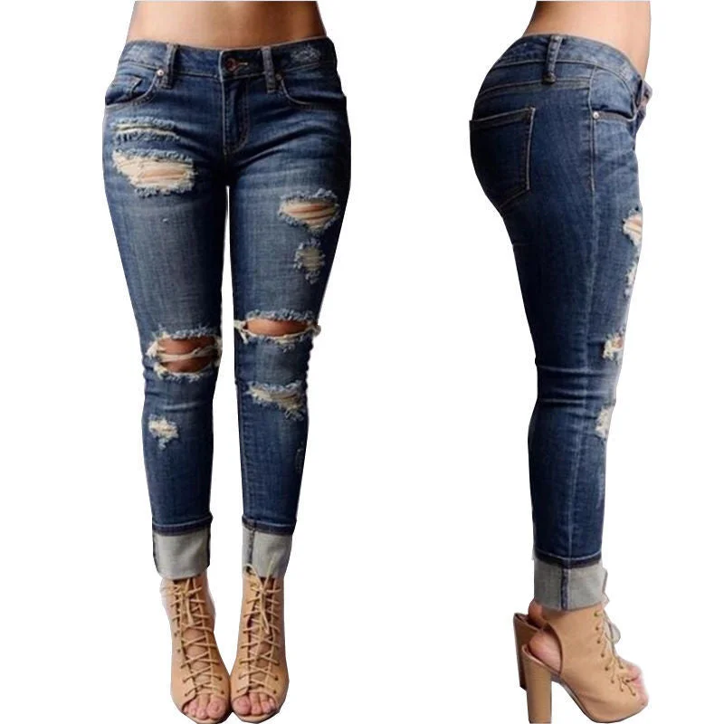 Destroyed Ripped Boyfriend Jeans Trendy Button-Up High-Waist Jeans