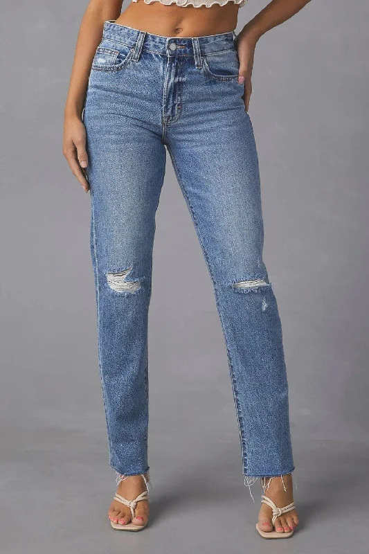 Distressed Raw Hem Straight Jeans with Pockets Comfortable Low-Rise Jeans