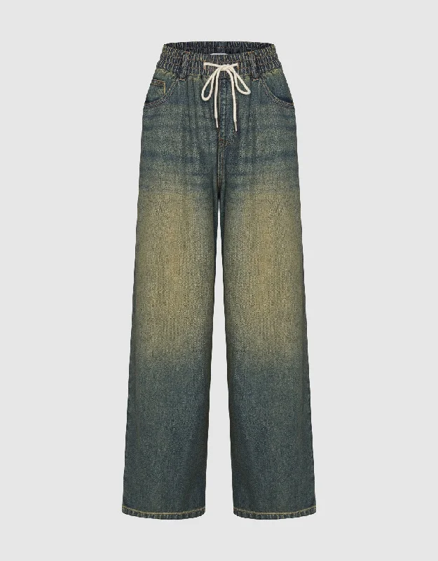 Drawstring Waist Wide-Leg Jeans Casual Straight-Leg Jeans