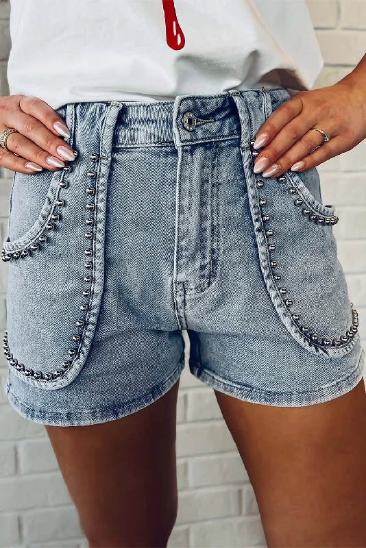 High Rise Studded Acid Wash Denim Blue Jean Shorts Elegant Raw Hem Jeans