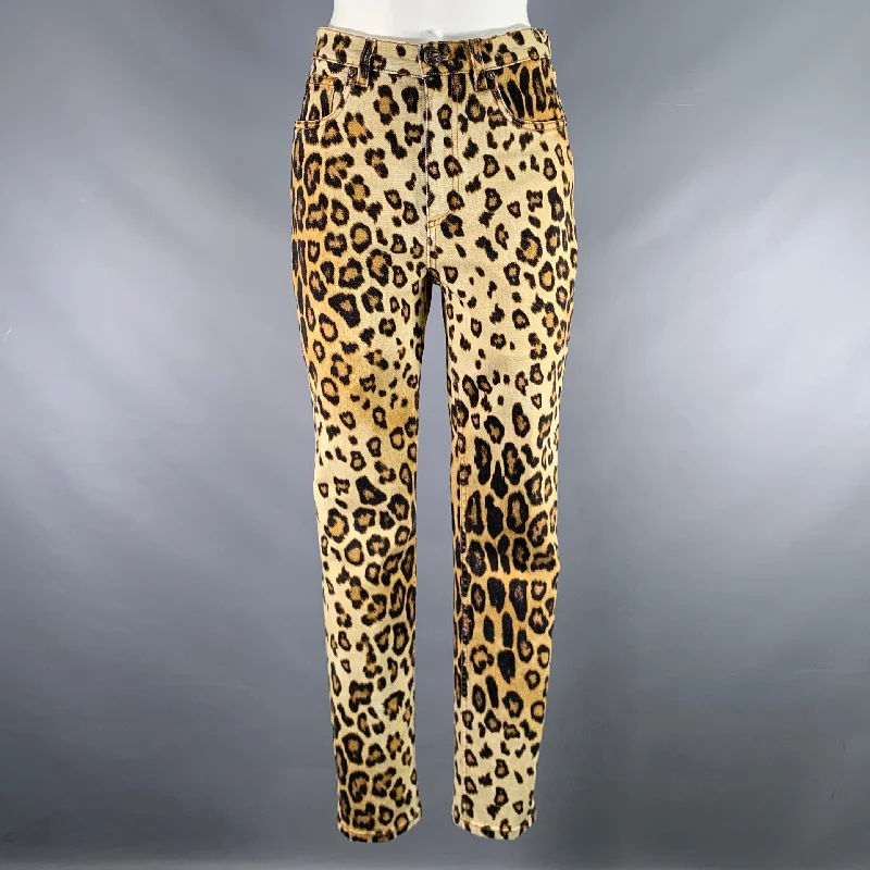 ETRO Size 27 Tan Black Cotton / Elastane Leopard Zip Fly Jeans Casual Bootcut Ripped Jeans