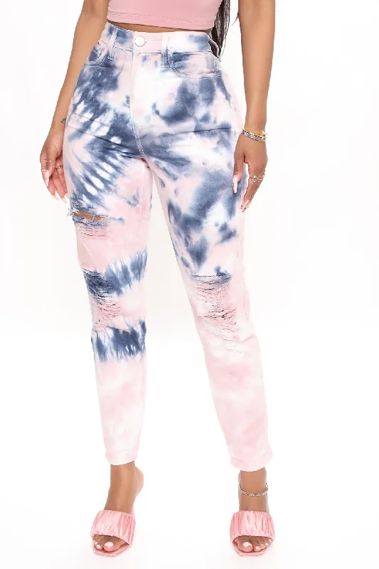 Head In The Clouds Tie Dye Mom Jeans - Pink/combo Fashionable Button-Front Jeans