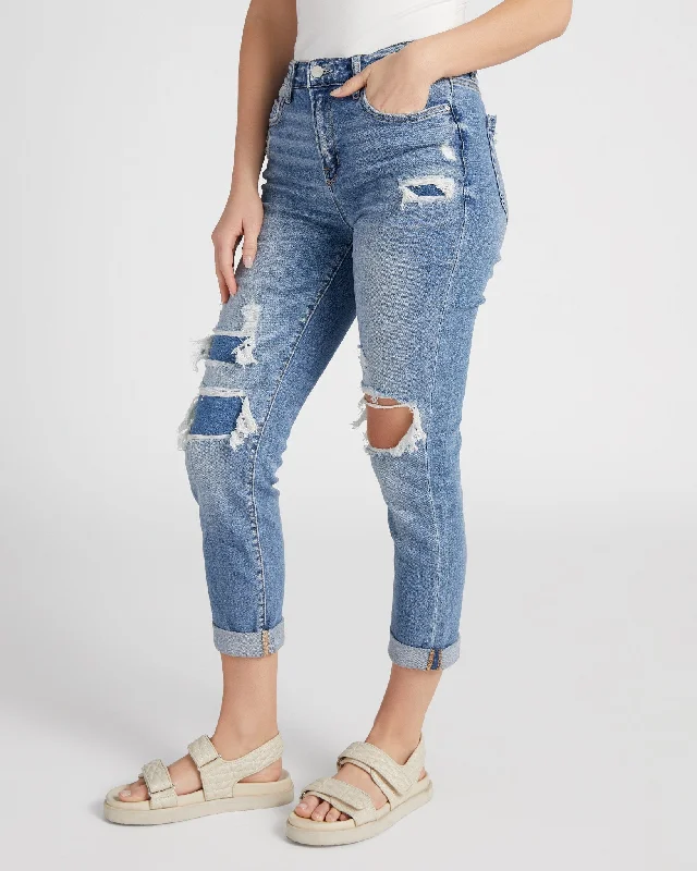 Patched High Rise Cuffed Boyfriend Jeans Trendy Layered Pocket Jeans