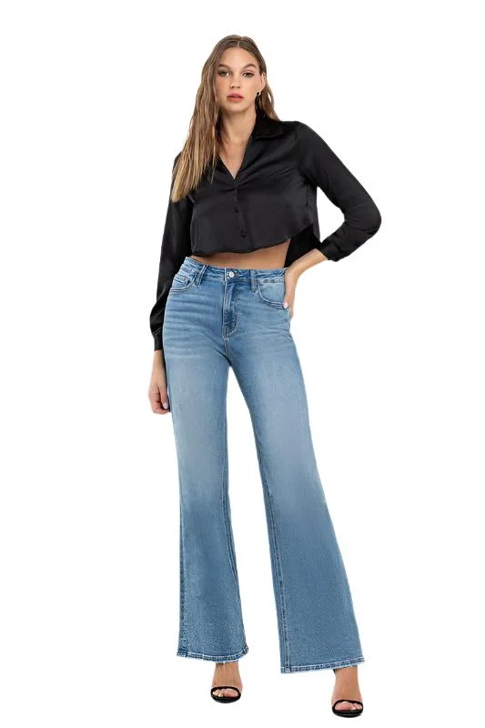 High Rise Wide Leg Jeans Fashionable Vintage Wash Jeans